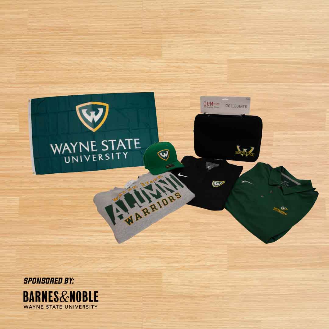 Items donated by Barnes & Noble: Laptop case, Green hat with shield, Green polo with logo, Black polo with logo, Alumni tshirt, WSU flag