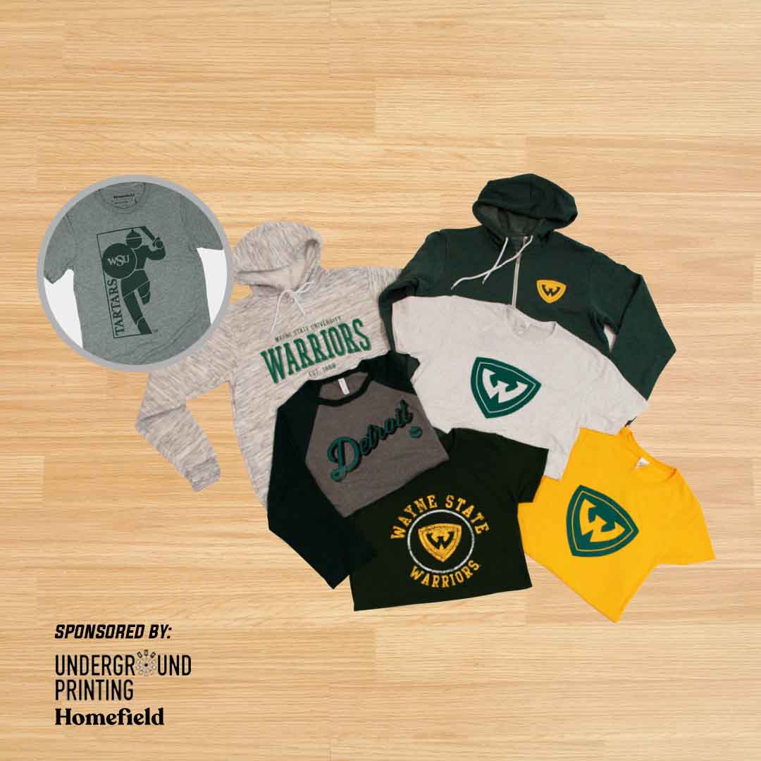Donated by Underground Printing and Homefield: Tartar logo, gray shirt with green WSU shield, Yellow shirt with green WSU shield, Black shirt with yellow WSU shield, Baseball tshirt with the word Detroit in script, Gray warriors hoodie, Green hoodie logo